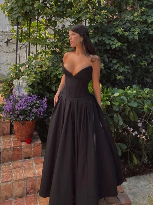 Suninheart Black Elegant Wedding Events Dress Sexy Strapless Corset Dress Midi Christmas Party Dresses for Women