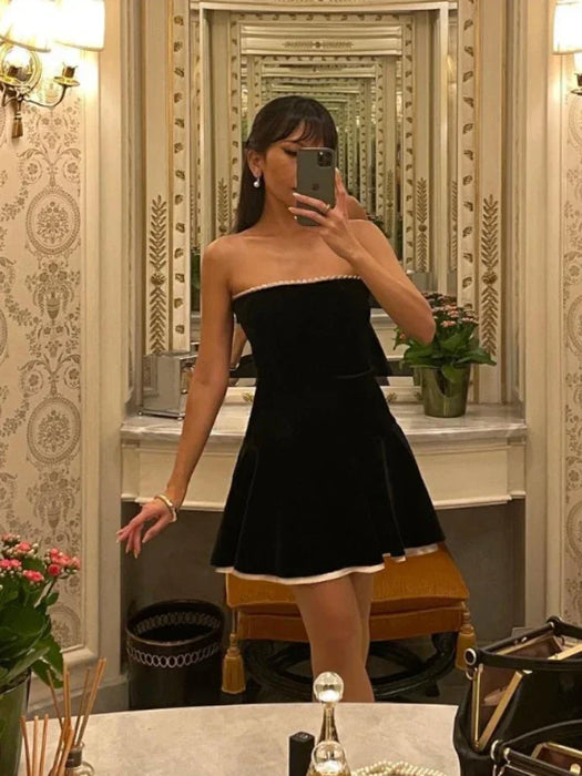 Black Strapless Christmas Dress Sexy A Line Vintage Velvet Party Dresses Mini Elegant Womens Dresses