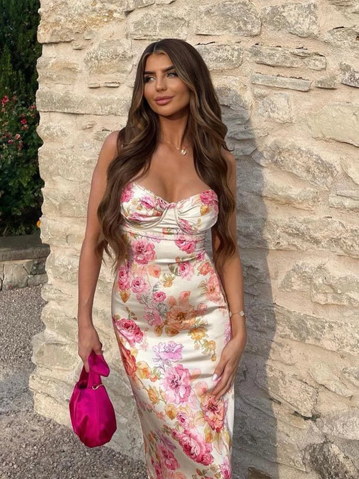 Summer Spaghetti Strap Floral Print Party Dresses Elegant Maxi Bodycon Wedding Guest Holiday Dress