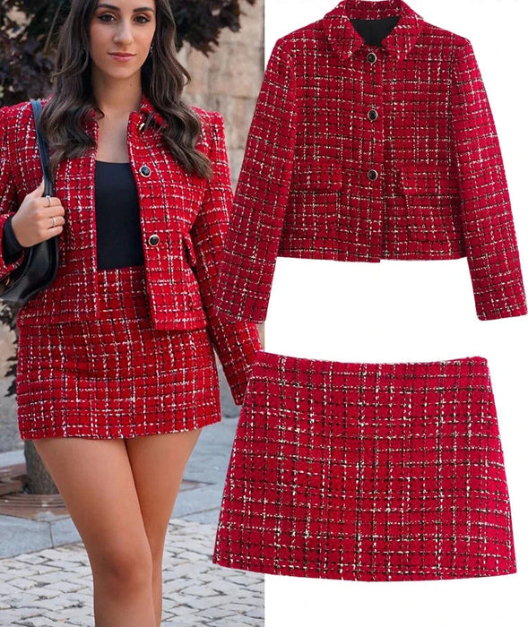 Women 2 Piece Set Fashion Red Texture Single Breasted Pocket Lapel Decorate Jacket Coat High Waist Side Zipper