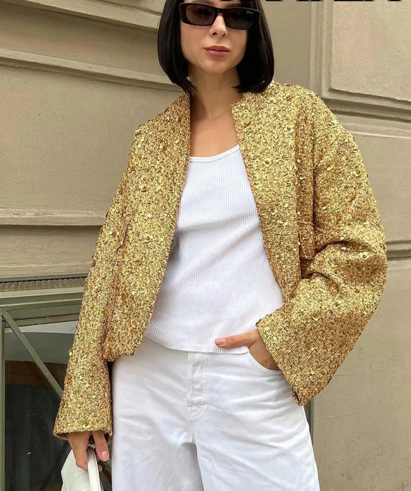Women Fashion Shiny Sequin Jacket Gold Color Stand Collar Long Sleeve Short Coat Fall Winter Ladies Christmas Outwear