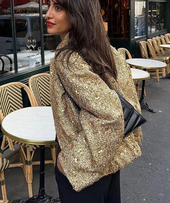 Women Fashion Shiny Sequin Jacket Gold Color Stand Collar Long Sleeve Short Coat Fall Winter Ladies Christmas Outwear