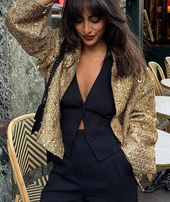 Women Fashion Shiny Sequin Jacket Gold Color Stand Collar Long Sleeve Short Coat Fall Winter Ladies Christmas Outwear