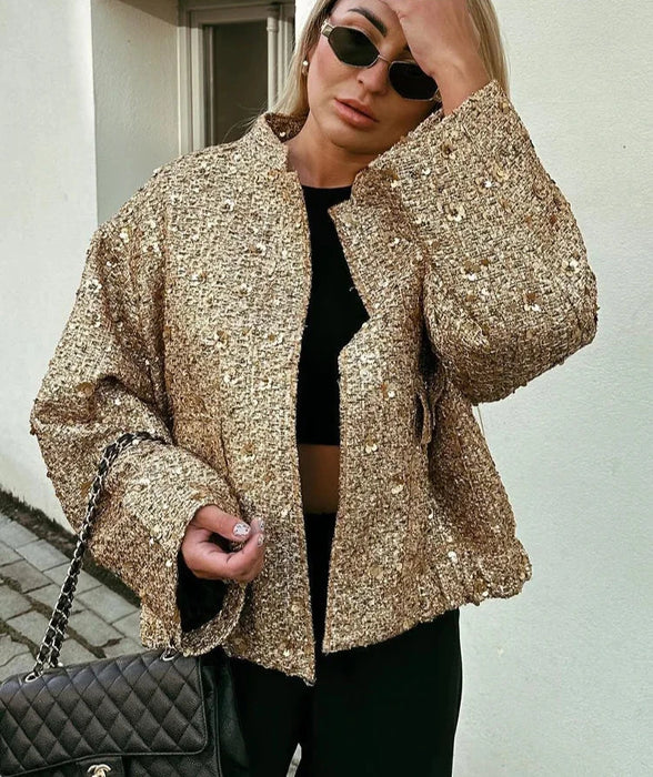 Women Fashion Shiny Sequin Jacket Gold Color Stand Collar Long Sleeve Short Coat Fall Winter Ladies Christmas Outwear