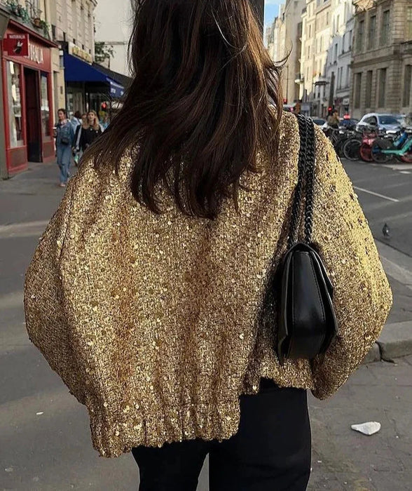 Women Fashion Shiny Sequin Jacket Gold Color Stand Collar Long Sleeve Short Coat Fall Winter Ladies Christmas Outwear