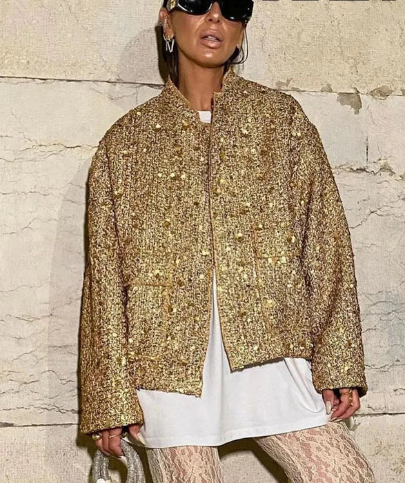 Women Fashion Shiny Sequin Jacket Gold Color Stand Collar Long Sleeve Short Coat Fall Winter Ladies Christmas Outwear