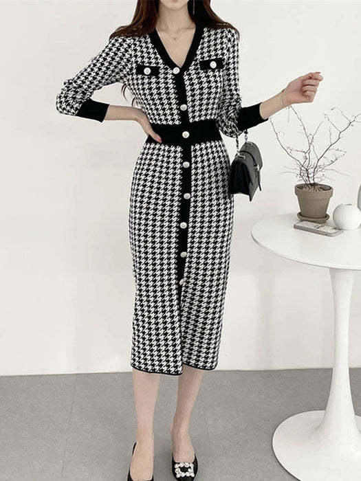 Vintage Knitting V-Neck Bodycon Midi Dress Fashion Elegant Office Lady Buttons Long Dresses for Women
