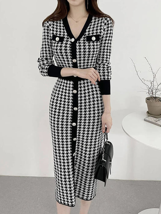 Vintage Knitting V-Neck Bodycon Midi Dress Fashion Elegant Office Lady Buttons Long Dresses for Women
