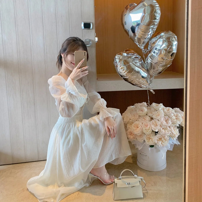 White O-Neck Lantern Sleeve Midi Dresses for Women Elegant Party Holiday Backless Prom Bodycon Dress Summer