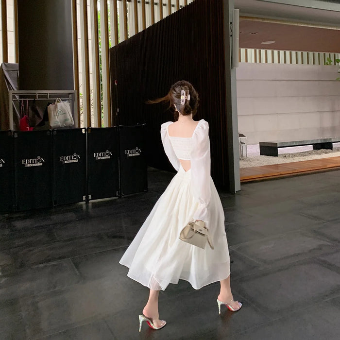 White O-Neck Lantern Sleeve Midi Dresses for Women Elegant Party Holiday Backless Prom Bodycon Dress Summer