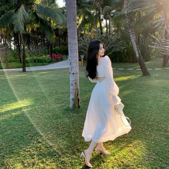 White O-Neck Lantern Sleeve Midi Dresses for Women Elegant Party Holiday Backless Prom Bodycon Dress Summer