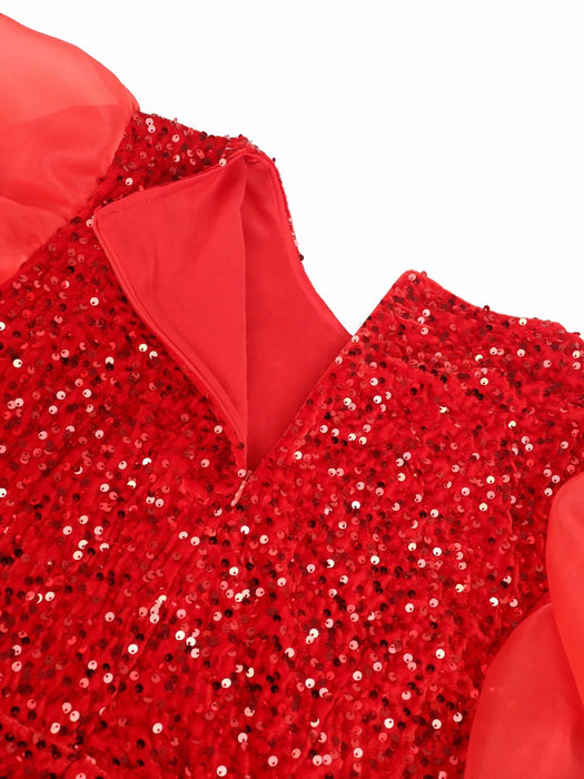Women Sequin Floor Length Dress Puffy Ruched Long Sleeve Crew Neck Sparkly Glitter Velvet Party Evening Gowns