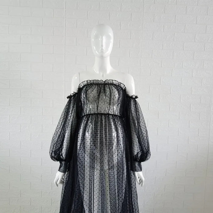 White Dot Tulle Maternity Photography Props Dress See Through Maternity Photo Shoot Long Dress Lantern Sleeve