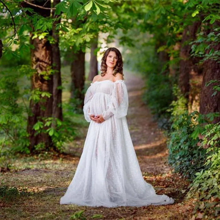 White Dot Tulle Maternity Photography Props Dress See Through Maternity Photo Shoot Long Dress Lantern Sleeve