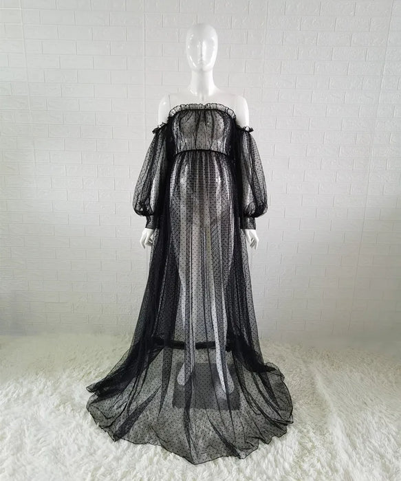 White Dot Tulle Maternity Photography Props Dress See Through Maternity Photo Shoot Long Dress Lantern Sleeve