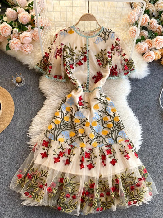 Women Elegant Mesh Lace Embroidered Flower Multicolor Dress Short Butterfly Sleeve Ruffles
