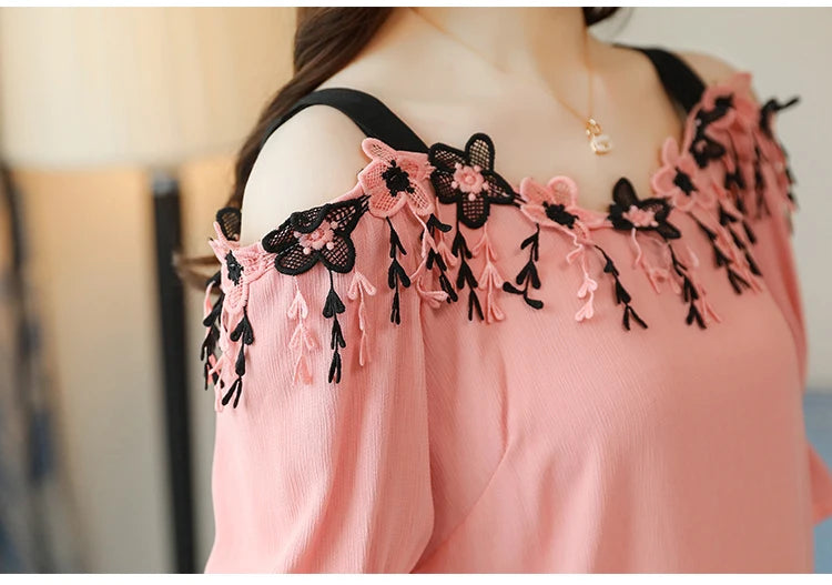 Women Summer Blouses Short Sleeve Chiffon Shirt Sexy Slash Neck Off Shoulder Top