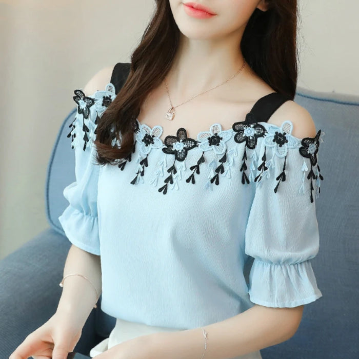 Women Summer Blouses Short Sleeve Chiffon Shirt Sexy Slash Neck Off Shoulder Top
