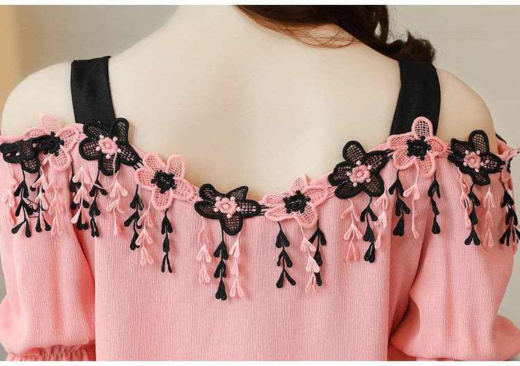 Women Summer Blouses Short Sleeve Chiffon Shirt Sexy Slash Neck Off Shoulder Top