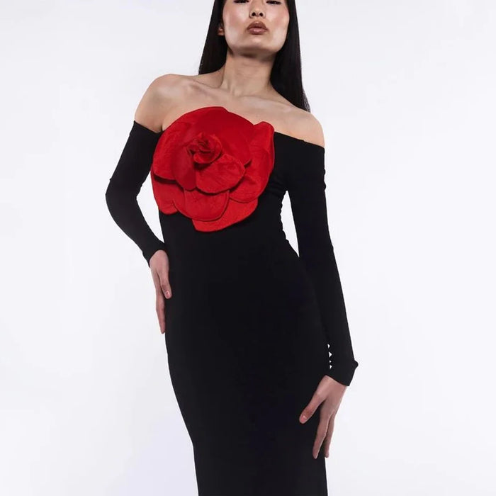 Women's New Sexy Black Decorative Flower Dress Fashion Slim Fit Open Back Bottom Split