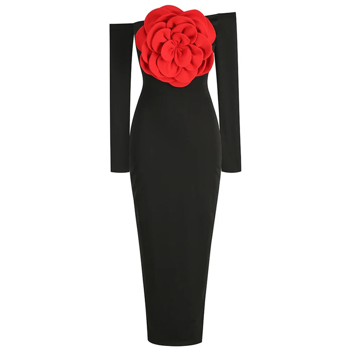 Women's New Sexy Black Decorative Flower Dress Fashion Slim Fit Open Back Bottom Split