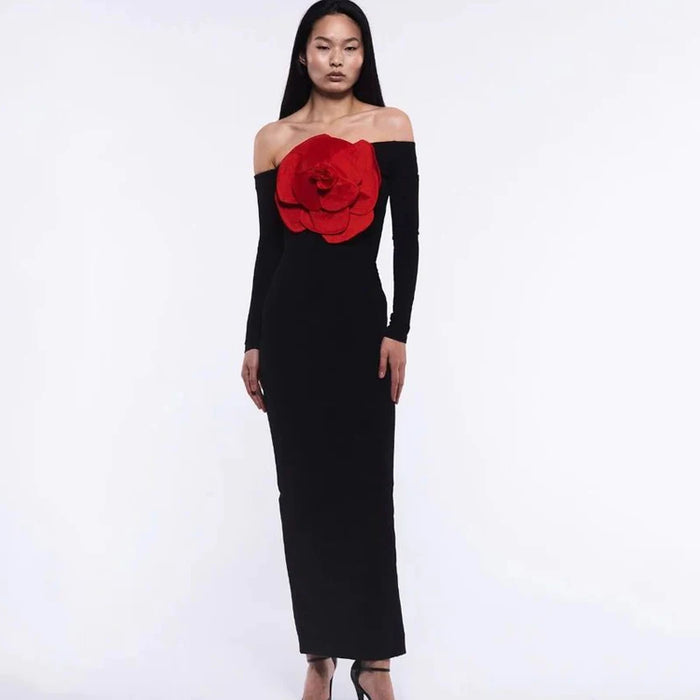 Women's New Sexy Black Decorative Flower Dress Fashion Slim Fit Open Back Bottom Split