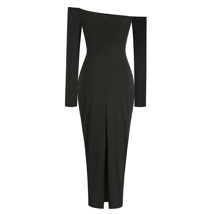 Women's New Sexy Black Decorative Flower Dress Fashion Slim Fit Open Back Bottom Split