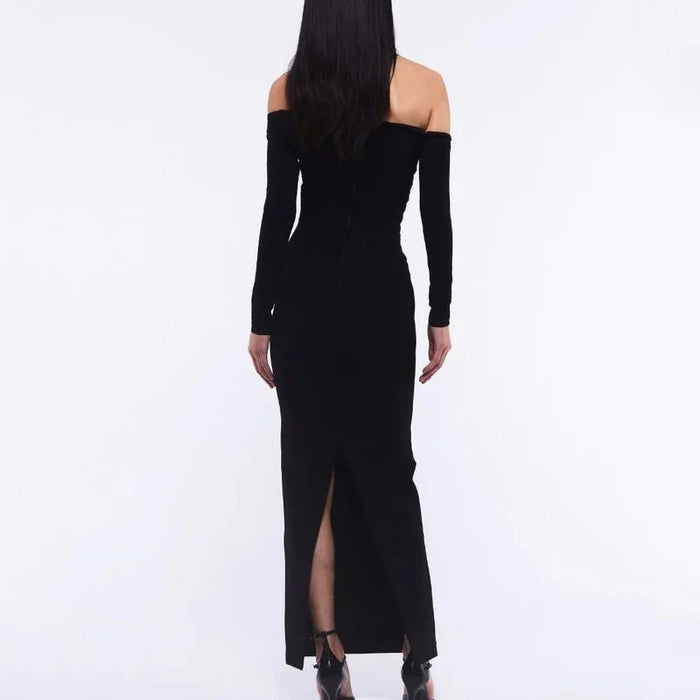 Women's New Sexy Black Decorative Flower Dress Fashion Slim Fit Open Back Bottom Split