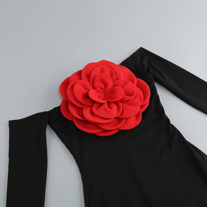Women's New Sexy Black Decorative Flower Dress Fashion Slim Fit Open Back Bottom Split