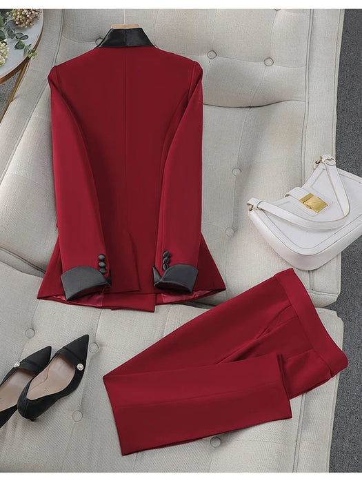 Office Lady Hit Color Blazer Pants Sets for Women 2 Pieces Women's Suits Fall Elegant Office Lady Work Outfit Trousers