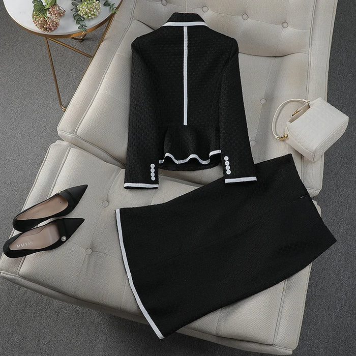 Office Lady Woolen Blazer Skirt Sets Women's Suit Elegant 2 Piezas Outfit White Black Fall Winter