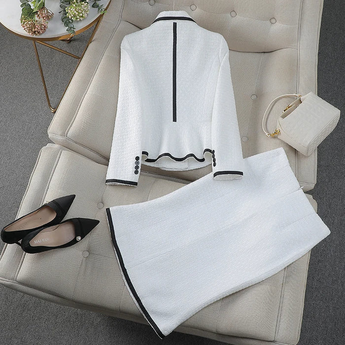 Office Lady Woolen Blazer Skirt Sets Women's Suit Elegant 2 Piezas Outfit White Black Fall Winter