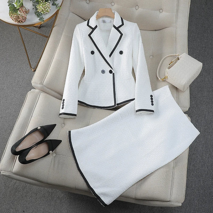 Office Lady Woolen Blazer Skirt Sets Women's Suit Elegant 2 Piezas Outfit White Black Fall Winter