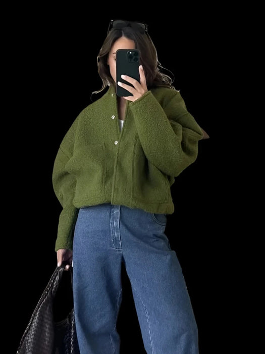 Women Fashion With Pockets Oversized Bomber Jacket Coat Snap Button Female Outerwear