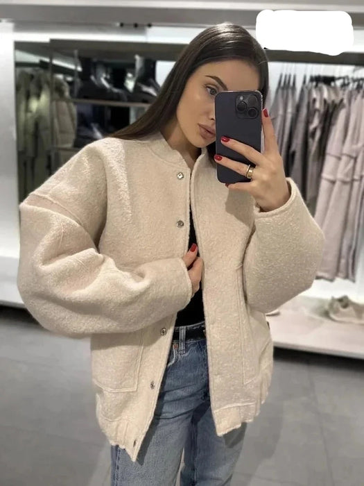 Women Fashion With Pockets Oversized Bomber Jacket Coat Snap Button Female Outerwear