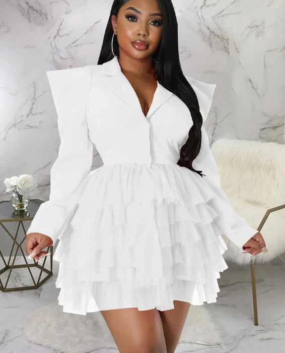 Fashion Blazer Style Long Sleeve Ruffles Mesh A-line Mini Dress Women Spring Office Lady Sexy Club Party Birthday Dresses