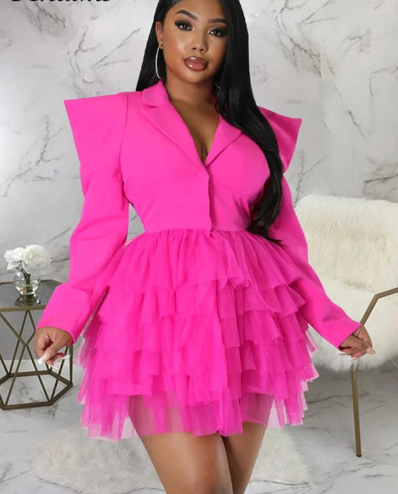 Fashion Blazer Style Long Sleeve Ruffles Mesh A-line Mini Dress Women Spring Office Lady Sexy Club Party Birthday Dresses