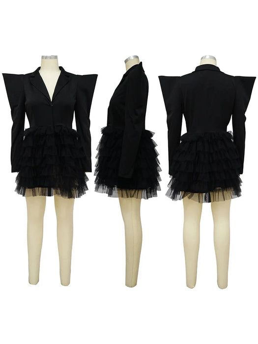 Fashion Blazer Style Long Sleeve Ruffles Mesh A-line Mini Dress Women Spring Office Lady Sexy Club Party Birthday Dresses