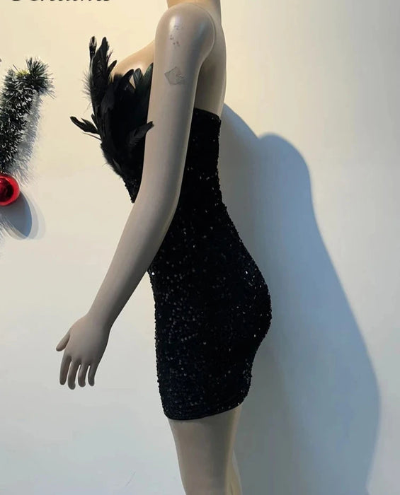 Holiday Party Luxury Birthday Women’s Feathers Sequin Strapless Deep V-neck Black Bodycon Mini Dresses Sexy Club Party Night Prom Robe