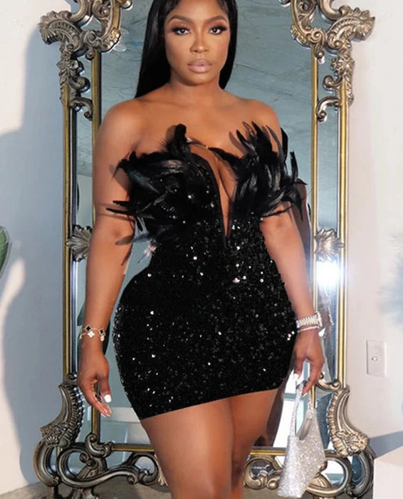 Holiday Party Luxury Birthday Women’s Feathers Sequin Strapless Deep V-neck Black Bodycon Mini Dresses Sexy Club Party Night Prom Robe