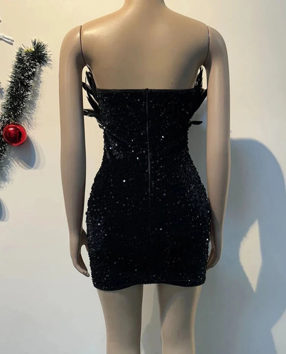Holiday Party Luxury Birthday Women’s Feathers Sequin Strapless Deep V-neck Black Bodycon Mini Dresses Sexy Club Party Night Prom Robe