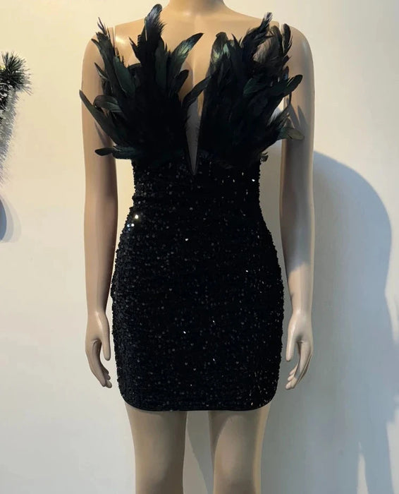 Holiday Party Luxury Birthday Women’s Feathers Sequin Strapless Deep V-neck Black Bodycon Mini Dresses Sexy Club Party Night Prom Robe