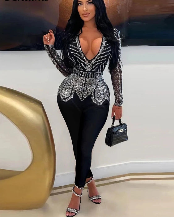 Luxury Deep V neck Mesh Long Sleeve Night Club Party Romper Birthday Outfits Women Sparkly Diamonds Rhinestone Jumpsuit
