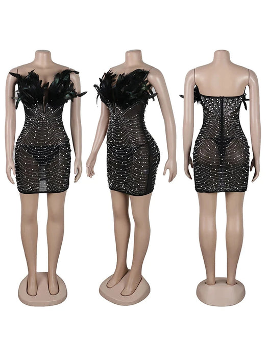 Holiday Party Sexy Feathers Rhinestones Backless Diamond Sheer Mesh Bodycon Dresses for Woman Rave Club Birthday Party Night