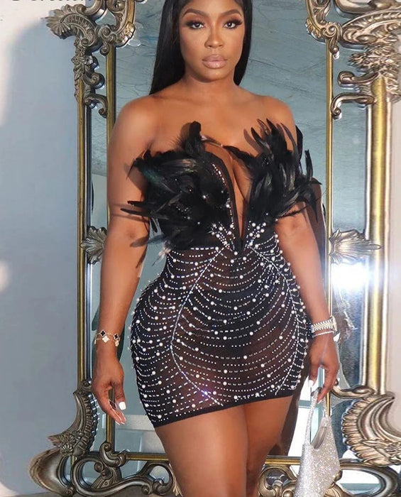 Holiday Party Sexy Feathers Rhinestones Backless Diamond Sheer Mesh Bodycon Dresses for Woman Rave Club Birthday Party Night
