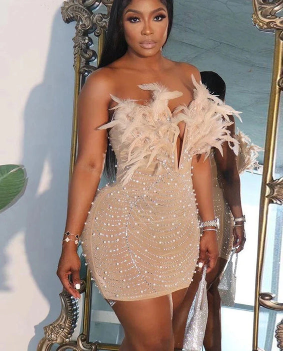 Holiday Party Sexy Feathers Rhinestones Backless Diamond Sheer Mesh Bodycon Dresses for Woman Rave Club Birthday Party Night