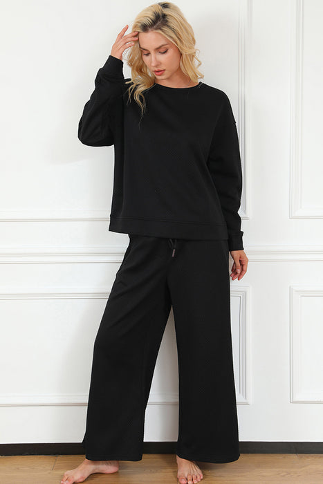 Fashion Women's Two Piece Sets Textured Long Sleeve Top and Drawstring Pants Set
