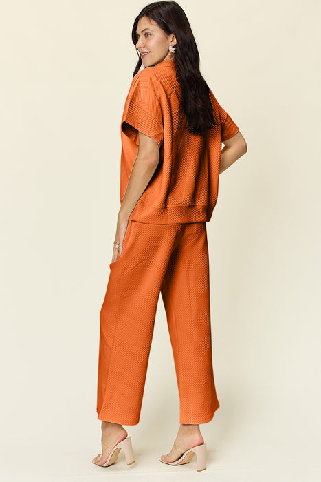 Fashion Women's Two Piece Sets Texture Half Zip Short Sleeve Top and Pants Set