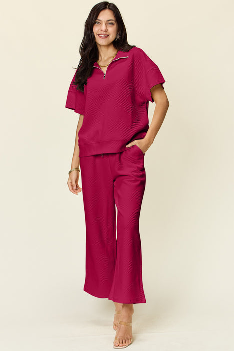 Fashion Women's Two Piece Sets Texture Half Zip Short Sleeve Top and Pants Set