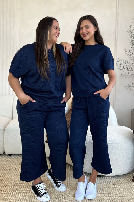 Fashion Women's Two Piece Sets Texture Short Sleeve Top and Pants Set